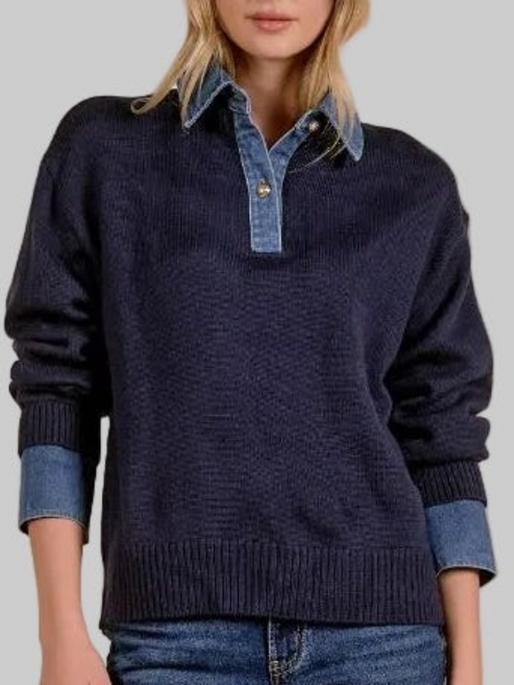 Elan Navy Crewneck Sweater with Denim-Style Collar